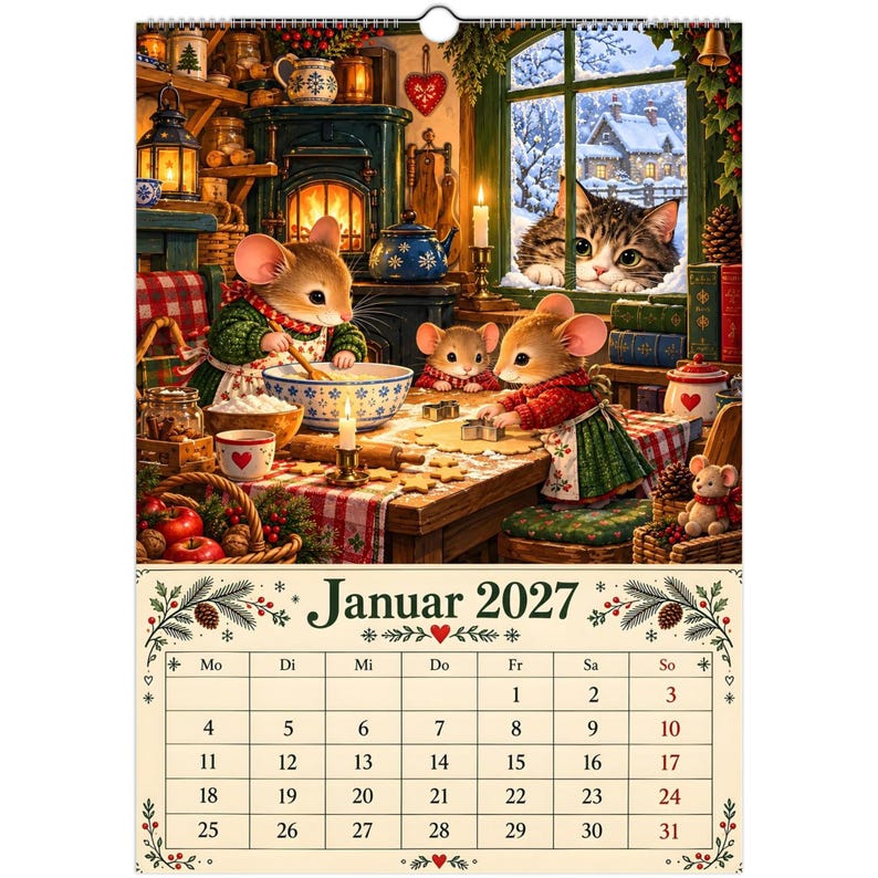 Mouse Cottage Calendar 2027 – A3 Wall Calendar with Mice & Cat, Whimsical Woodland Illustrations, German Calendar image 7