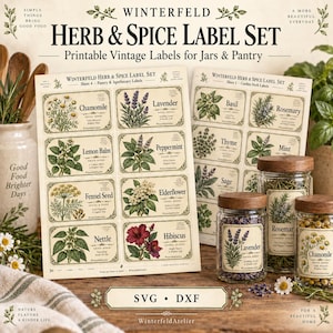 May include: A Winterfeld herb and spice label set featuring printable vintage-style rectangular labels with botanical illustrations of chamomile, lavender, lemon balm, peppermint, fennel seed, elderflower, nettle, and hibiscus on paper sheets.