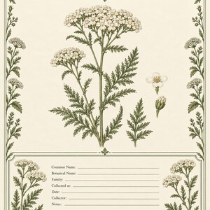 May include: A botanical print titled Winterfeld Herbarium Collection Set 1 Meadow Botanicals featuring a central illustration of Yarrow Achillea millefolium with white flowers and green leaves, surrounded by a decorative border and blank data lines.