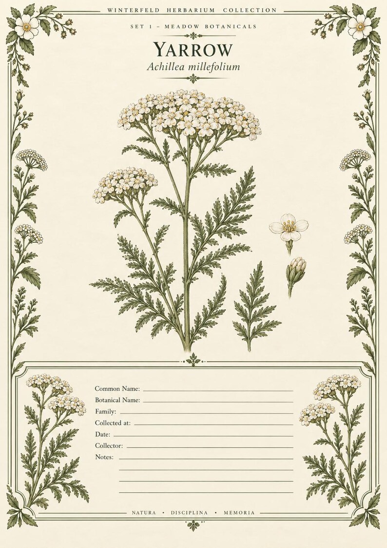May include: A botanical print titled Winterfeld Herbarium Collection Set 1 Meadow Botanicals featuring a central illustration of Yarrow Achillea millefolium with white flowers and green leaves, surrounded by a decorative border and blank data lines.