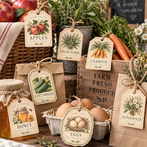 May include: A collection of rectangular and scalloped paper tags featuring vintage-style botanical illustrations and text labels including Apples, Fresh Herbs, Carrots, Cucumbers, Honey, Eggs, and Handpicked, each attached with twine to various farm items.