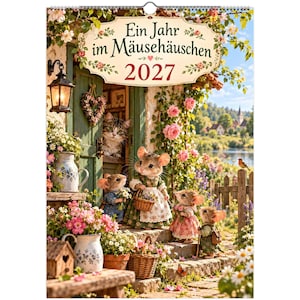 May include: A 2027 wall calendar titled Ein Jahr im Mäusehäuschen featuring an illustration of anthropomorphic mice in clothing standing on stone steps near a wooden door, a cat looking out, pink roses, potted flowers, and a lantern.