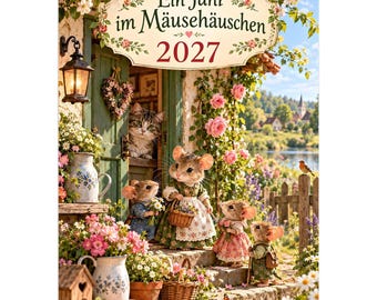 May include: A 2027 wall calendar titled Ein Jahr im Mäusehäuschen featuring an illustration of anthropomorphic mice in clothing standing on stone steps near a wooden door, a cat looking out, pink roses, potted flowers, and a lantern.
