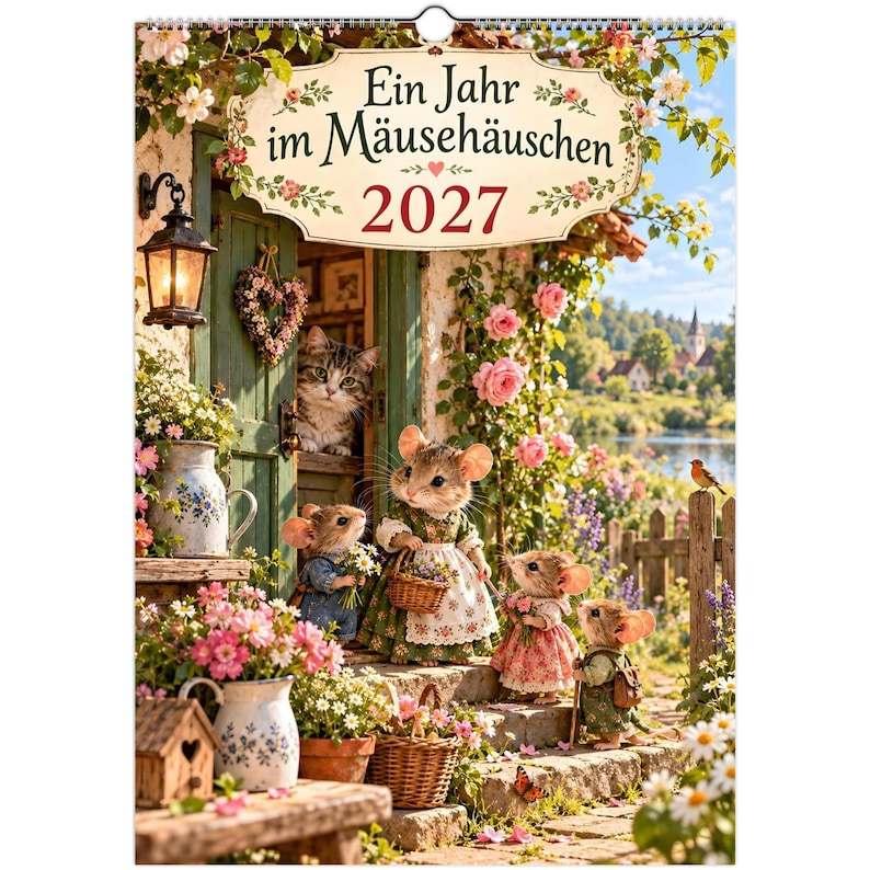 Mouse Cottage Calendar 2027 – A3 Wall Calendar with Mice & Cat, Whimsical Woodland Illustrations, German Calendar image 1