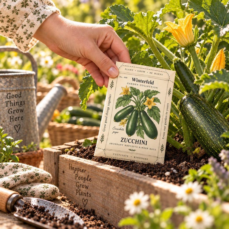 May include: A rectangular seed packet labeled Winterfeld Garden Collection Zucchini Cucurbita pepo with a botanical illustration of green zucchini and yellow flowers, held above a wooden garden bed filled with dark soil and green plants.