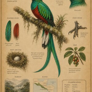 Puede incluir: Un p&oacute;ster cient&iacute;fico titulado The Resplendent Quetzal, Pharomachrus mocinno, que presenta una ilustraci&oacute;n central del ave, un perfil de cabeza, estudios de plumas, un estudio de pie, un nido con un huevo, dieta, h&aacute;bitat, mapa y texto de clasificaci&oacute;n.