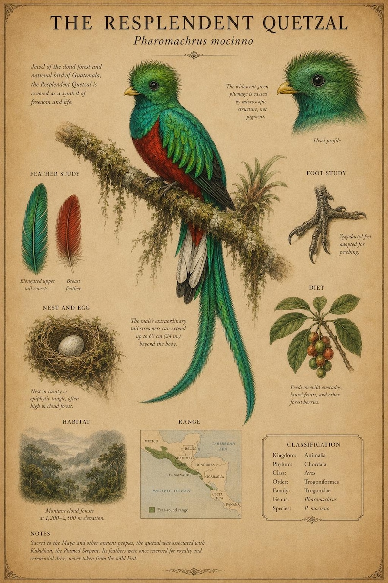 Puede incluir: Un p&oacute;ster cient&iacute;fico titulado The Resplendent Quetzal, Pharomachrus mocinno, que presenta una ilustraci&oacute;n central del ave, un perfil de cabeza, estudios de plumas, un estudio de pie, un nido con un huevo, dieta, h&aacute;bitat, mapa y texto de clasificaci&oacute;n.