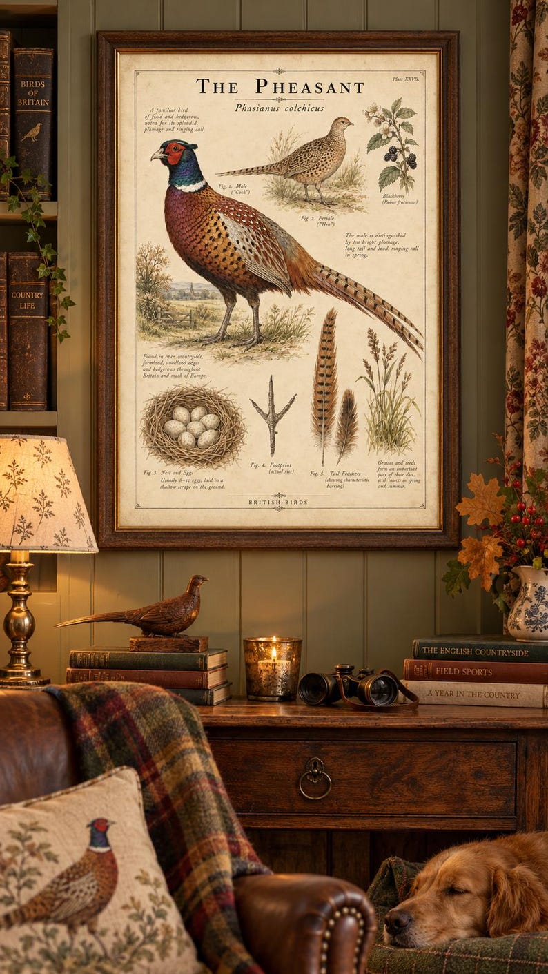 Op de afbeelding: Een ingelijste educatieve print getiteld The Pheasant Phasianus colchicus met gedetailleerde illustraties van een mannelijke en vrouwelijke fazant, een nest met eieren, een voetafdruk, staartveren en een braamstruiktak met Engelse tekst.