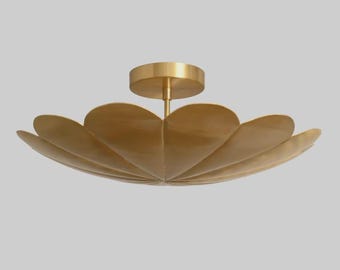 Brass Lotus Ceiling Light, Scalloped Petal Shade, Mid-Century Modern Chandelier