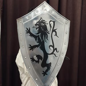Op de afbeelding: Een zilverkleurig metalen schild met een zwarte afbeelding van een klimmende leeuw in het midden. Het schild heeft een puntige onderkant en een versterkte rand met zichtbare metalen klinknagels die gelijkmatig langs de rand zijn geplaatst.
