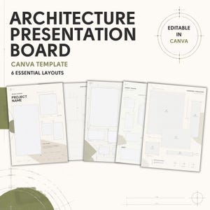 Peut inclure: Modèle Canva pour panneau de présentation d'architecture avec six mises en page essentielles. Le texte indique Architecture Presentation Board, Canva Template, 6 Essential Layouts, Editable in Canva, Project Name. Tons neutres.