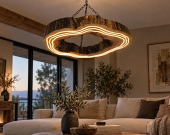 Handmade Live Edge Wood Chandelier, 3-Row Warm White LED Pendant Light (30-70cm)