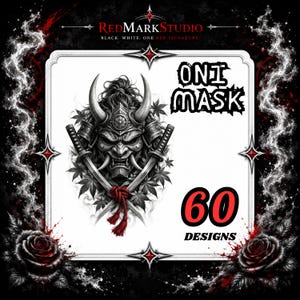 Japanskt Oni-maskkonstpaket, 60 Yokai-demondesigner (digital nedladdning)