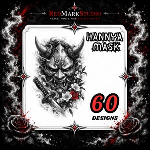 Può includere: Un grafico digitale raffigurante una maschera Hannya, una katana e fiori di ciliegio in nero, bianco e rosso. Il testo recita REDMARKSTUDIO, BLACK. WHITE. ONE RED SIGNATURE., HANNYA MASK e 60 DESIGNS. Il design è incorniciato da rose e fumo.