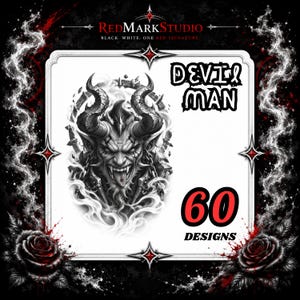 May include: A digital graphic featuring a black and white illustration of a horned devil figure with sharp teeth and a protruding tongue. The text reads REDMARKSTUDIO, DEVIL MAN, and 60 DESIGNS. The design is framed by smoke and two dark roses.