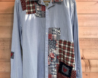 Size XL long sleeved men’s shirt with patchwork
