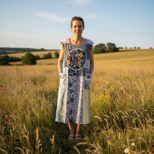 May include: A sleeveless patchwork dress with a floral and geometric pattern. The dress features a round floral design on the bodice, pockets, and a mix of black, white, and pastel colors. The dress is worn outdoors in a field.