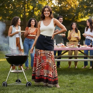 Puede incluir: Una mujer con una camiseta sin mangas color crema y una falda vaquera negra con un diseño de patchwork. Una barbacoa de carbón negra está en primer plano, con un grupo de personas en una mesa de picnic en el fondo.