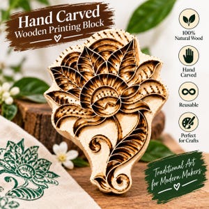 May include: A light-coloured wooden printing block featuring a hand-carved floral design with intricate leaf and petal patterns. The block displays dark, burnt-in details and is accompanied by text labels including Hand Carved Wooden Printing Block.