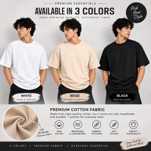 May include: Three short-sleeved t-shirts in white, beige, and black. Text includes: PREMIUM ESSENTIALS, AVAILABLE IN 3 COLORS, PICK YOUR STYLE, WHITE CLEAN & TIMELESS, BEIGE MODERN & VERSATILE, BLACK BOLD & CLASSIC, PREMIUM COTTON FABRIC.