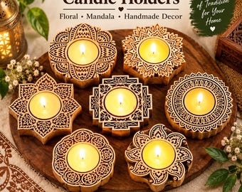 Hand Carved Wooden Tealight Holder, Indian Mandala Home Decor, Rustic Table Centerpiece