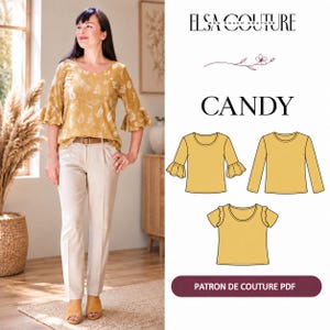 Peut inclure: Un patron de couture PDF intitulé CANDY par ELSA COUTURE présentant trois variantes de hauts : un chemisier jaune moutarde à manches trois-quarts à volants, un haut à manches longues et un haut à manches courtes à volants, tous à encolure ronde.