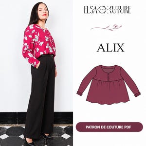 Puede incluir: Un patrón de costura titulado ALIX de ELSA COUTURE que presenta una blusa de manga larga con cuerpo fruncido y tapeta de botones. La imagen muestra una blusa magenta terminada con estampado floral blanco y un boceto técnico.