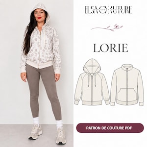 Peut inclure: Un patron de couture pour un sweat à capuche zippé intitulé Lorie par Elsa Couture. L'image présente un sweat à capuche clair avec un motif animalier subtil, une capuche à cordons et une fermeture éclair. Des croquis techniques montrent deux modèles.