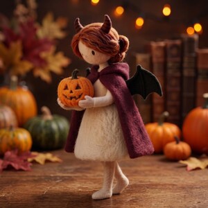 Halloween Gift for Fantasy Fans Needle Felted Devil Sprite Holding Tiny Carved Pumpkin