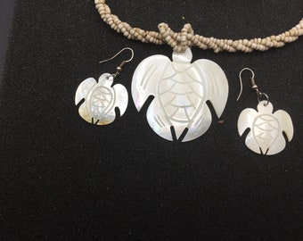 Turtle necklace 18 inches with matching earrings made from sea shell and hand-carved