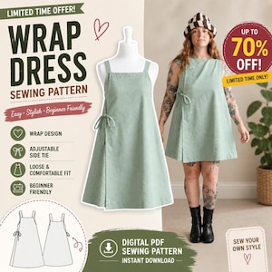 May include: A digital PDF sewing pattern for a sage green wrap dress featuring a square neckline, adjustable side tie, and a loose fit. The image displays the finished garment on a mannequin and a person, along with technical line drawings.
