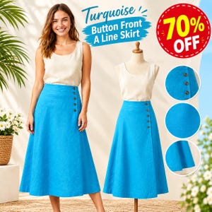 May include: A turquoise A-line skirt featuring a button-front design, paired with a sleeveless cream-colored top. The skirt has a high waist and a flared silhouette. The text on the image reads Turquoise Button Front A Line Skirt and 70% OFF.
