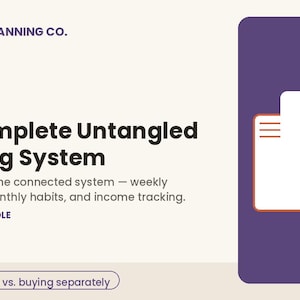 May include: A digital planning bundle titled The Complete Untangled Planning System by Untangled Planning Co. The graphic features text describing weekly momentum, monthly habits, and income tracking, alongside an icon of three stacked documents.