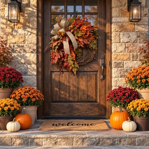 May include: A wooden front door with a fall wreath featuring autumn leaves, berries, and a beige ribbon. A welcome mat sits on the stone porch, flanked by potted orange and red chrysanthemums and orange and white pumpkins on both sides.