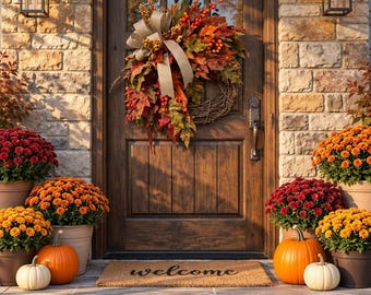 Fall Wreath for Front Door, Autumn Harvest Decor, Rustic Berry Foliage Thanksgiving Porch Display