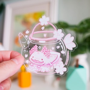 Cherry Blossom Axolotl Tea | Transparent Vinyl Sticker Cherry Blossom Axolotl Tea | Transparent Vinyl Sticker