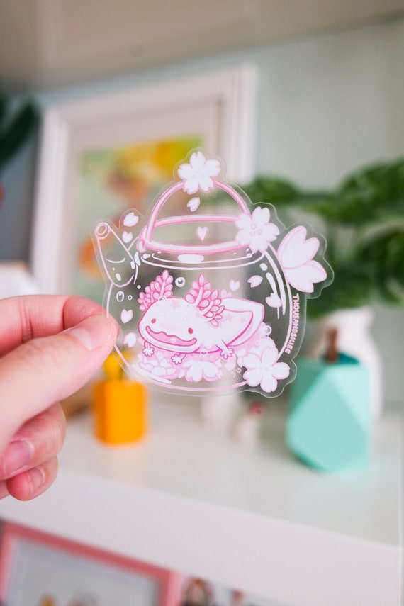 Vinyl Sticker (Transparent) Cherry Blossom Axolotl Tea