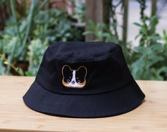Embroidered Bucket Hat - Tricolor Corgi ( Black)
