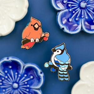 Snowy Cardinal and Blue Jay Bird Pin Set
