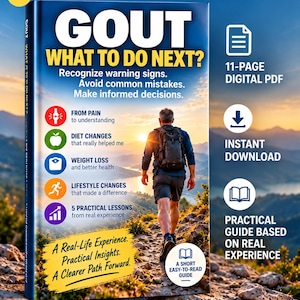 Könnte beinhalten: Ein digitaler Ratgeber mit dem Titel GOUT WHAT TO DO NEXT? zeigt eine Person auf einem Bergpfad. Das Cover enthält Text über Warnsignale, Fehlervermeidung und fundierte Entscheidungen sowie Symbole für einen 11-seitigen PDF-Download.