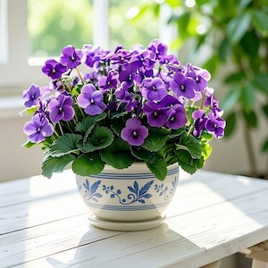 May include: A vibrant cluster of purple pansies with green leaves potted in a round, cream-colored ceramic bowl. The bowl features a decorative blue painted pattern of leaves and vines encircling the exterior, set on a matching saucer.
