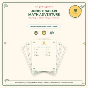 Peut inclure: Un cahier d'exercices éducatif Jungle Safari Math Adventure de 16 pages pour les 3-7 ans. La couverture présente le titre, des icônes d'animaux et des sujets mathématiques comme le comptage, l'addition, les formes et les motifs.