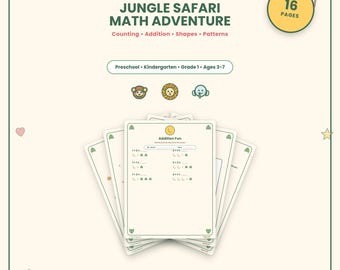 Hojas de trabajo de matemáticas y aventuras en la jungla: conteo, suma, formas y patrones (descarga en PDF).