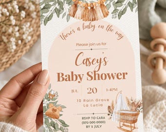 Vorlagen für eine Babyparty im Wald-Stil | Bearbeitbare Canva-Einladungssets | Spiele & Schilder | Neutrale Boho-Babyparty-Druckvorlagen