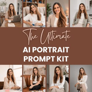 Può includere: Una grafica digitale che presenta il testo The Ultimate AI PORTRAIT PROMPT KIT in caratteri corsivi e stampatello, bianchi e rosa chiaro, circondata da otto distinti ritratti fotografici della stessa persona in vari contesti.