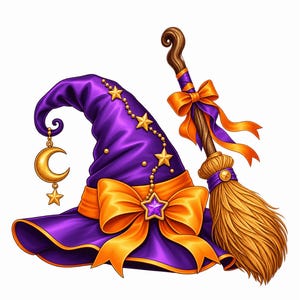 Könnte beinhalten: Ein violetter Hexenhut mit einer orangefarbenen Schleife, einem goldenen Mondsichel-Anhänger und kleinen goldenen Sternen. Daneben befindet sich ein hölzerner Besen mit einem orange-violetten Band am Stiel und strukturierten Strohborsten.