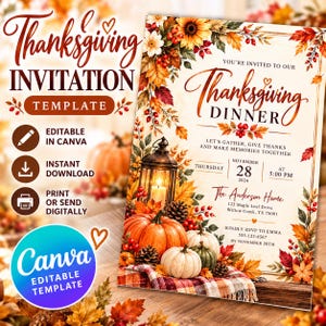 Mall för Thanksgiving-inbjudan, inbjudan till middagsbjudning för vänner, låt oss tacka, redigerbar höstinbjudan från Canvas, utskrivbar och digital