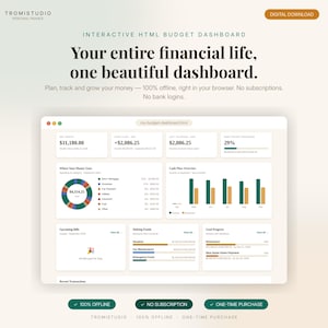 May include: An interactive HTML budget dashboard digital download from Tromistudio. The interface displays net worth, cash flow, debt progress, spending categories in a donut chart, a cash flow bar graph, upcoming bills, and savings goals.