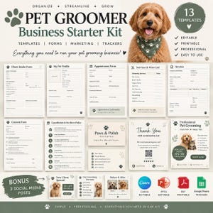 Puede incluir: Un kit de inicio para negocios de peluquería canina con 13 plantillas editables e imprimibles, incluyendo formularios de admisión, citas, facturas y materiales de marketing. Incluye un perro con un pañuelo verde con huellas.