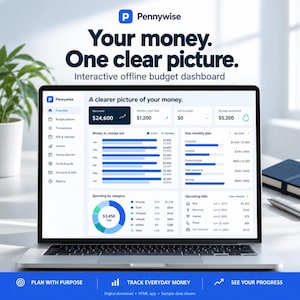 May include: A laptop screen displaying the Pennywise interactive offline budget dashboard. The interface features a net worth of $24,600, monthly cash flow, spending charts, and a monthly plan. Text reads: Your money. One clear picture.